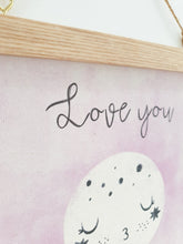 Load image into Gallery viewer, Love you to the moon canvas print with wooden hanger - Moon nursery accessory - Moon bedroom accessory - Wooden Print hanger -  Pink nursery