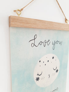 Love you to the moon canvas print with wooden hanger - Moon nursery accessory - Moon bedroom accessory - Wooden Print hanger - Mint nursery