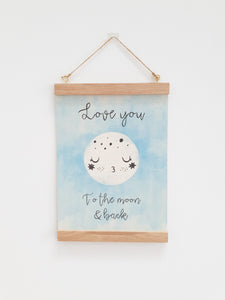Love you to the moon canvas print with wooden hanger - Moon nursery accessory - Moon bedroom accessory - Wooden Print hanger - Blue nursery