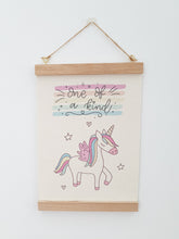 Load image into Gallery viewer, Unicorn canvas print with wooden hanger - Unicorn nursery accessory - Unicorn bedroom accessory - Wooden Print hanger - Girls Bedroom
