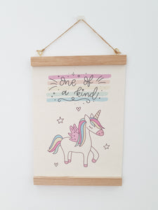 Unicorn canvas print with wooden hanger - Unicorn nursery accessory - Unicorn bedroom accessory - Wooden Print hanger - Girls Bedroom