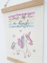 Load image into Gallery viewer, Unicorn canvas print with wooden hanger - Unicorn nursery accessory - Unicorn bedroom accessory - Wooden Print hanger - Girls Bedroom
