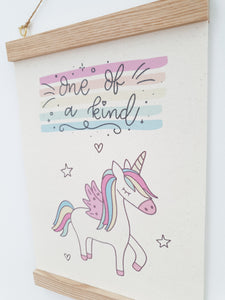 Unicorn canvas print with wooden hanger - Unicorn nursery accessory - Unicorn bedroom accessory - Wooden Print hanger - Girls Bedroom