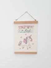 Load image into Gallery viewer, Unicorn canvas print with wooden hanger - Unicorn nursery accessory - Unicorn bedroom accessory - Wooden Print hanger - Girls Bedroom