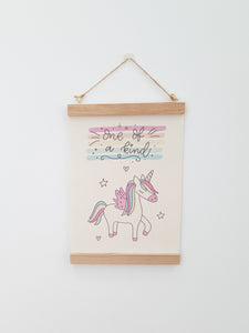 Unicorn canvas print with wooden hanger - Unicorn nursery accessory - Unicorn bedroom accessory - Wooden Print hanger - Girls Bedroom