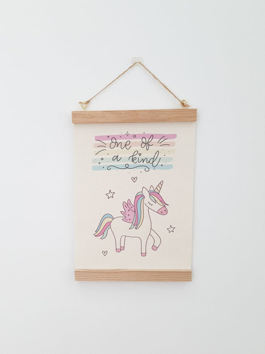 Unicorn canvas print with wooden hanger - Unicorn nursery accessory - Unicorn bedroom accessory - Wooden Print hanger - Girls Bedroom