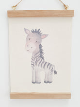 Load image into Gallery viewer, Zebra canvas print with wooden wall hanger - Animal nursery accessory - Animal bedroom accessory - Watercolour Zebra Print