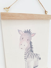 Load image into Gallery viewer, Zebra canvas print with wooden wall hanger - Animal nursery accessory - Animal bedroom accessory - Watercolour Zebra Print