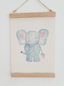 Elephant canvas print with wooden wall hanger