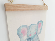 Load image into Gallery viewer, Elephant canvas print with wooden wall hanger