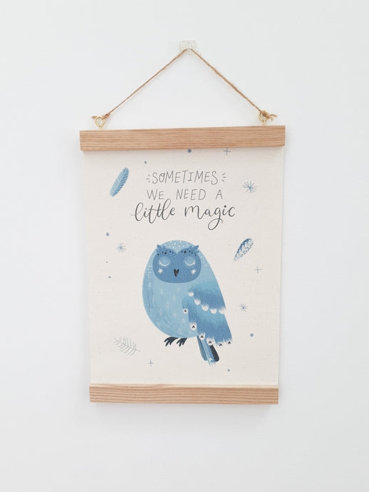 Owl canvas print with wooden hanger - Owl nursery accessory - Owl bedroom accessory - Wooden Print hanger