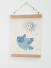 Load image into Gallery viewer, Owl canvas print with wooden hanger - Owl nursery accessory - Owl bedroom accessory - Wooden Print hanger