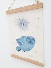 Load image into Gallery viewer, Owl canvas print with wooden hanger - Owl nursery accessory - Owl bedroom accessory - Wooden Print hanger