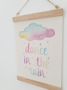 Rainbow Cloud canvas print with wooden hanger - Cloud nursery accessory - Cloud bedroom accessory - Print hanger - Dance in the rain print