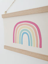 Load image into Gallery viewer, Rainbow canvas print with wooden hanger - Rainbow nursery accessory - Rainbow bedroom accessory - Print hanger