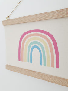 Rainbow canvas print with wooden hanger - Rainbow nursery accessory - Rainbow bedroom accessory - Print hanger