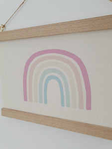 Pastel Rainbow canvas print with wooden hanger - Rainbow nursery accessory - Rainbow bedroom accessory - Print hanger
