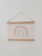 Load image into Gallery viewer, Pastel Rainbow canvas print with wooden hanger - Rainbow nursery accessory - Rainbow bedroom accessory - Print hanger