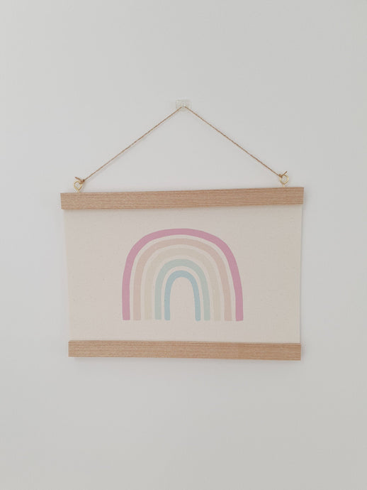 Pastel Rainbow canvas print with wooden hanger - Rainbow nursery accessory - Rainbow bedroom accessory - Print hanger