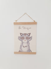 Load image into Gallery viewer, Raccoon canvas print with wooden wall hanger - Animal nursery accessory - Animal bedroom.accessory - Raccoon Print
