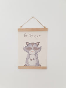 Raccoon canvas print with wooden wall hanger - Animal nursery accessory - Animal bedroom.accessory - Raccoon Print
