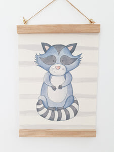 Raccoon canvas print with wooden wall hanger - Animal bedroom accessory - Woodland nursery accessory - Woodland Print