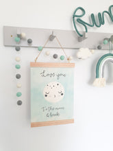 Load image into Gallery viewer, Love you to the moon canvas print with wooden hanger - Moon nursery accessory - Moon bedroom accessory - Wooden Print hanger - Mint nursery