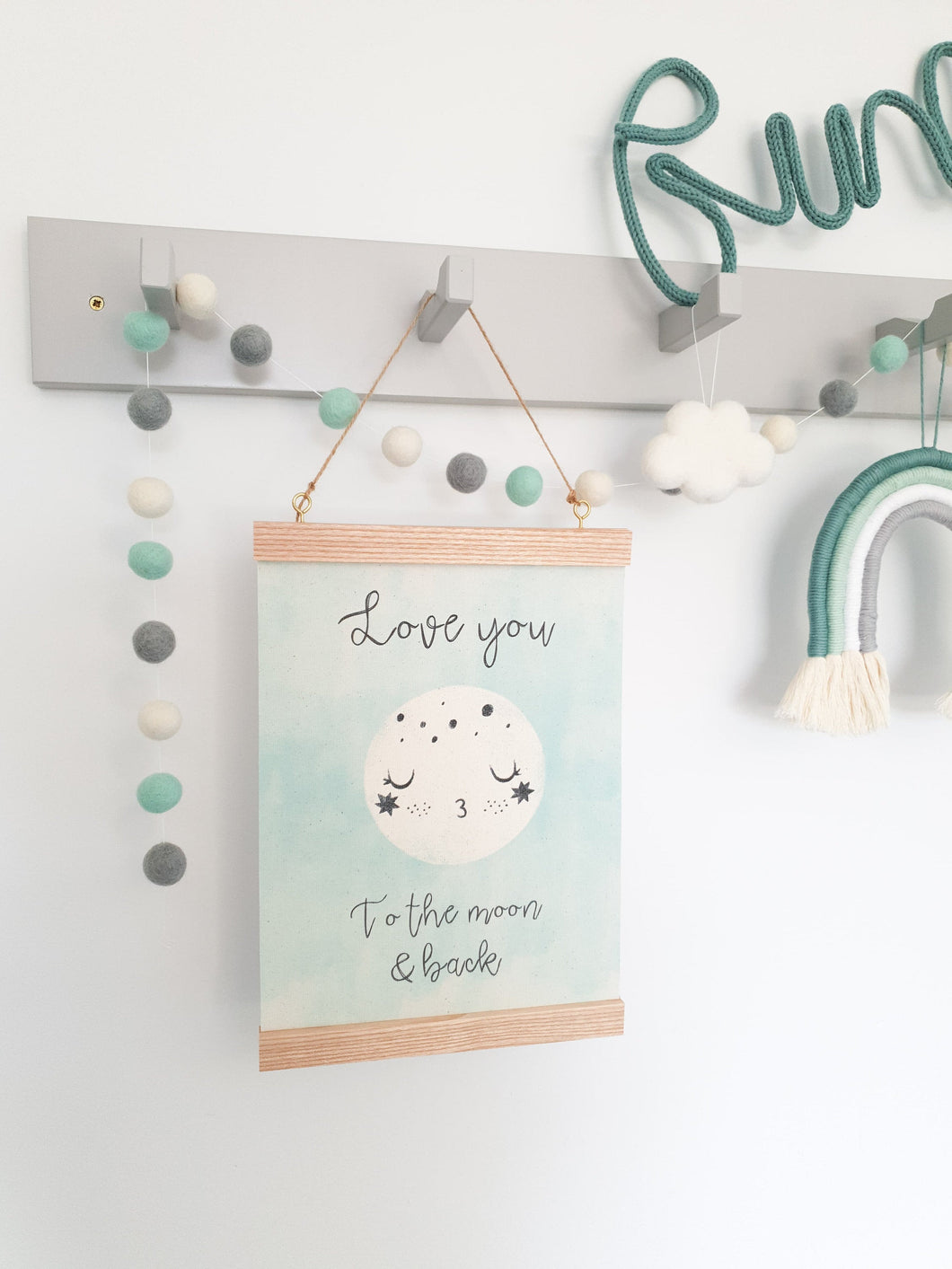 Love you to the moon canvas print with wooden hanger - Moon nursery accessory - Moon bedroom accessory - Wooden Print hanger - Mint nursery
